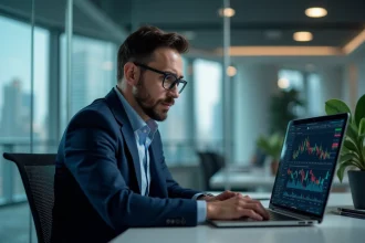 Homme d'affaires analysant des graphiques numériques en bureau