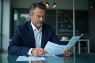 Analyste financier homme en costume bleu dans un bureau moderne