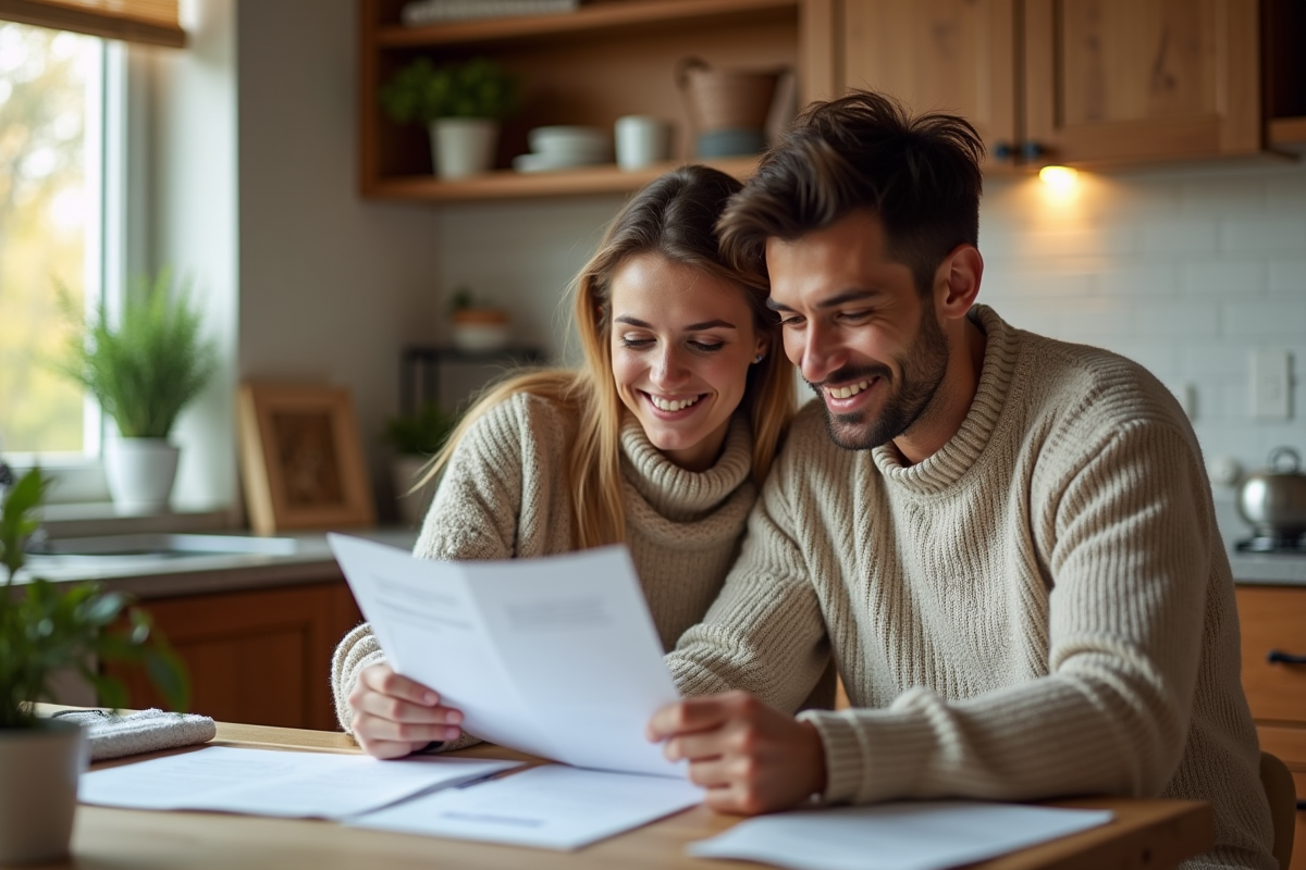 Jeune couple discutant de leur prêt immobilier à la maison