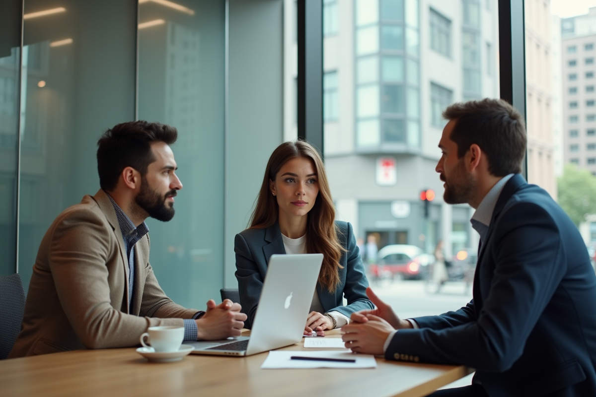 Jeune couple en discussion avec conseiller financier en banque