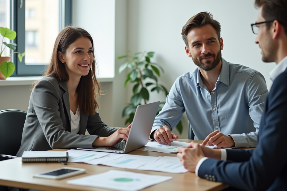 Jeune couple français discute avec un conseiller financier au bureau