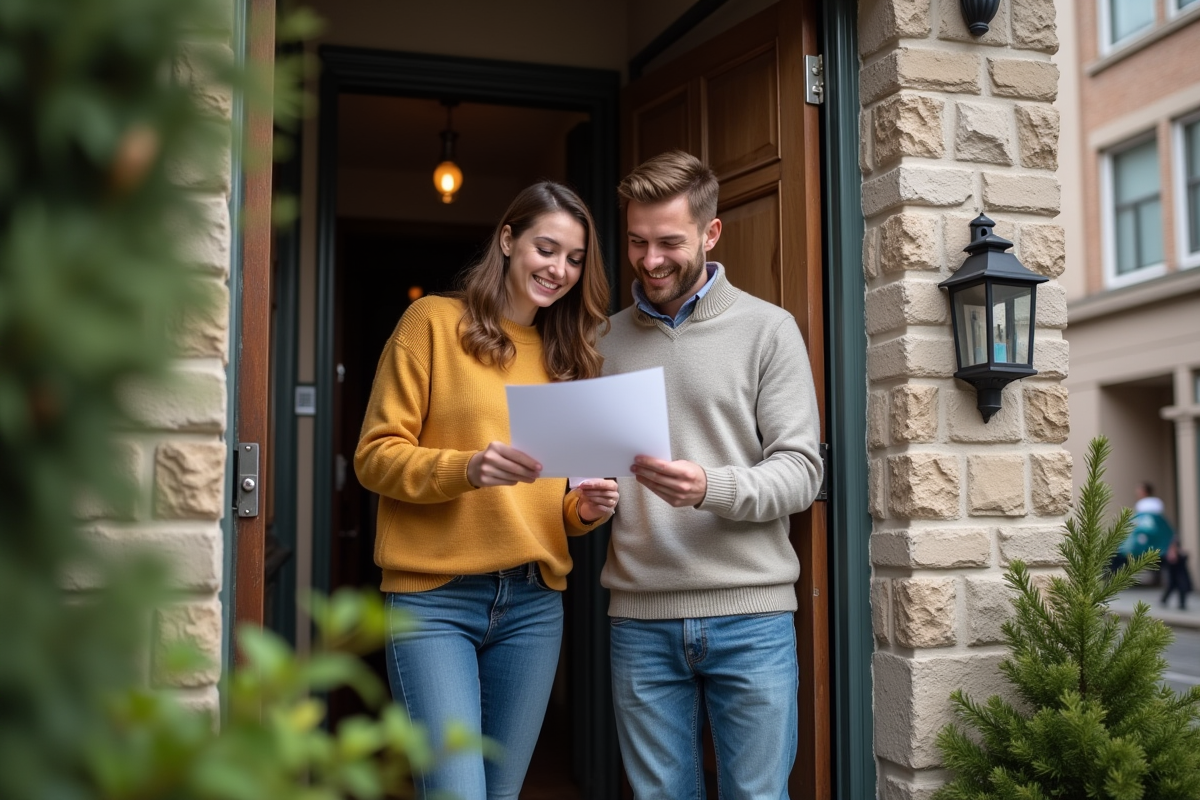 Jeune couple souriant devant une maison rénovée