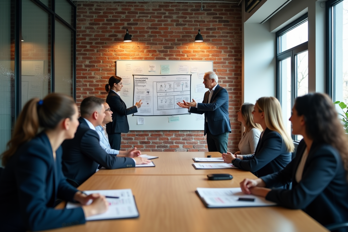 Groupe de cadres en discussion dans un bureau industriel