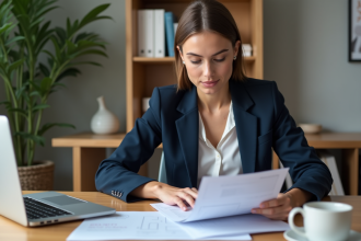 Jeune femme d'affaires en bureau moderne examinant des documents