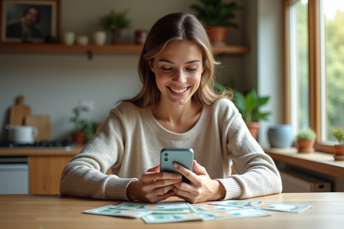 Jeune femme souriante compare application bancaire et argent liquide