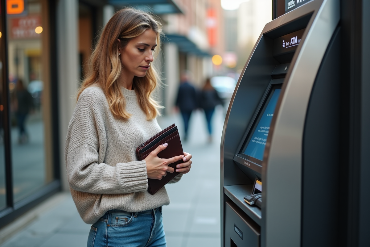 Femme perplexe devant un distributeur automatique crypto