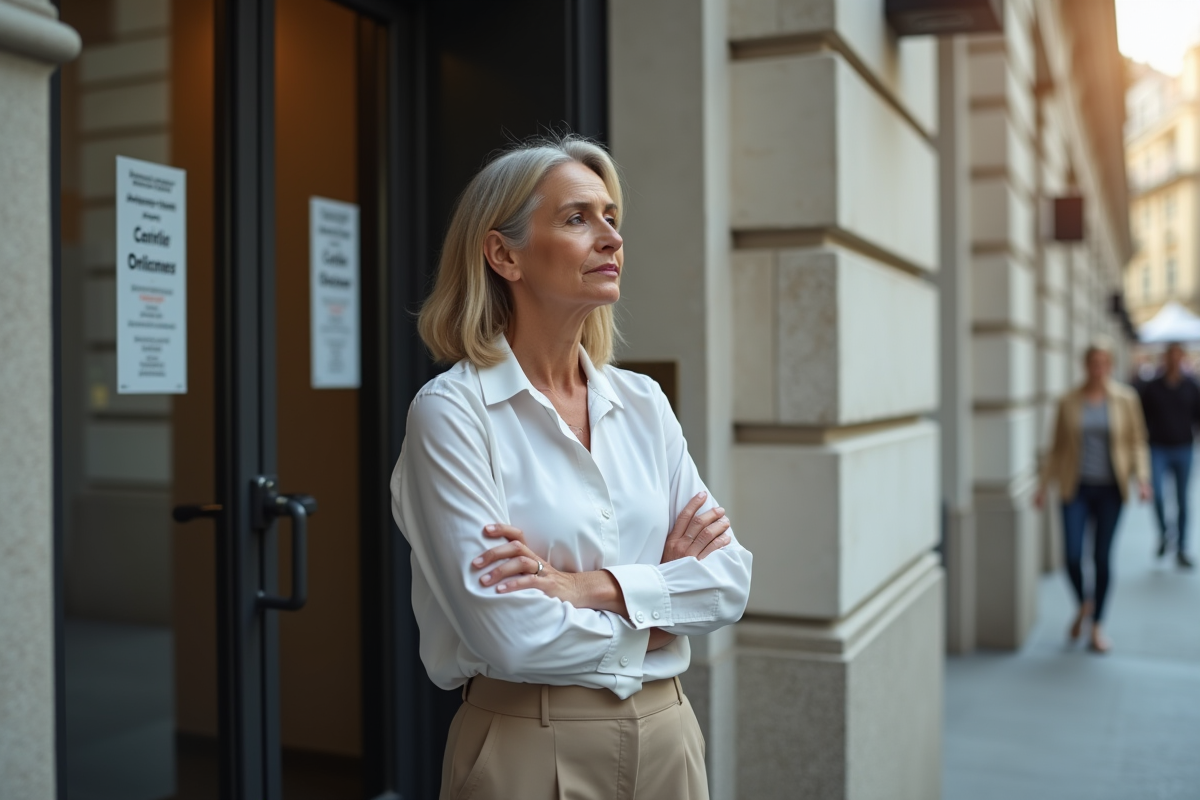 Femme réfléchissant devant un bureau de l
