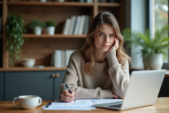 Femme d'affaires dans un bureau moderne en pleine réflexion