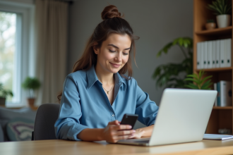 Femme au bureau résolvant un problème de carte en ligne