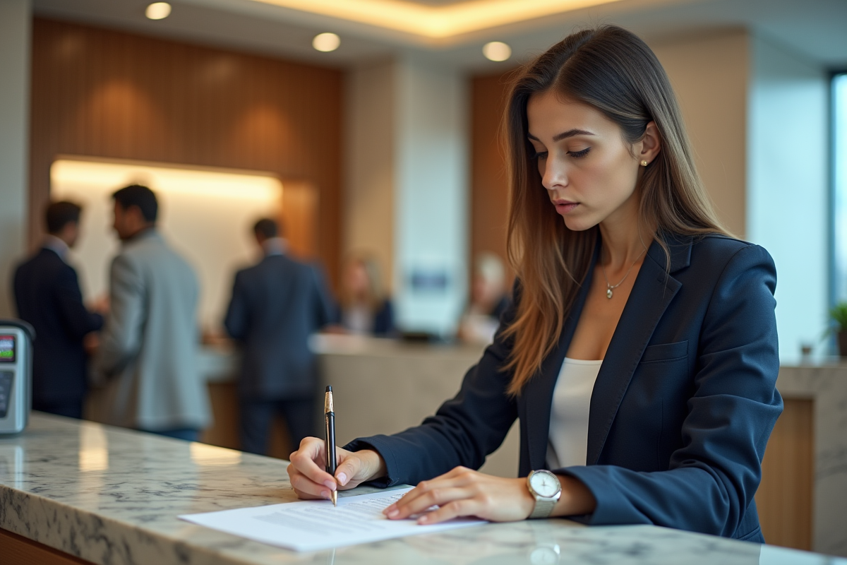 Femme remplissant un formulaire dans une banque moderne