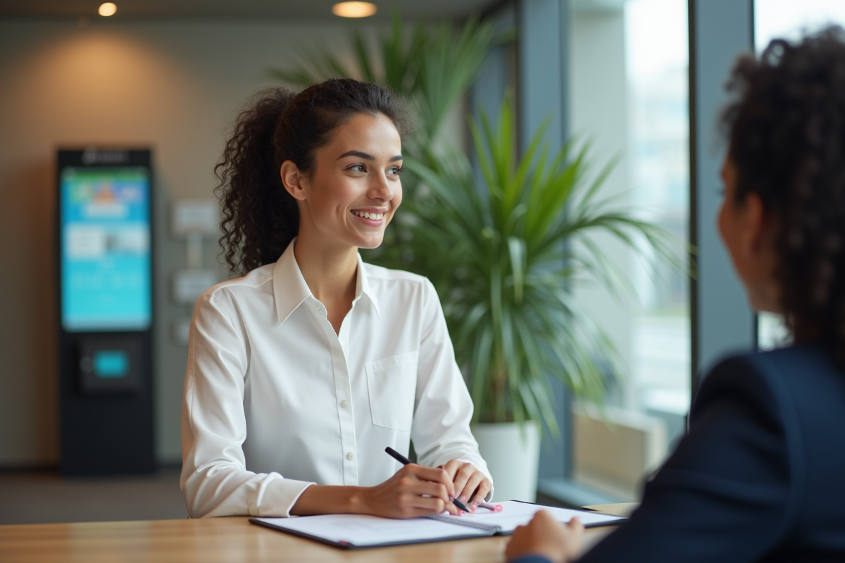 Femme en entretien financier dans une agence bancaire