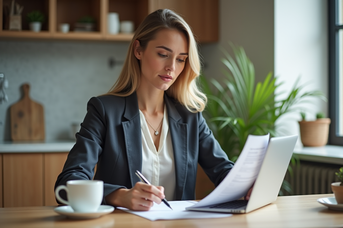 Femme professionnelle examinant un contrat d'hypothèque à la maison