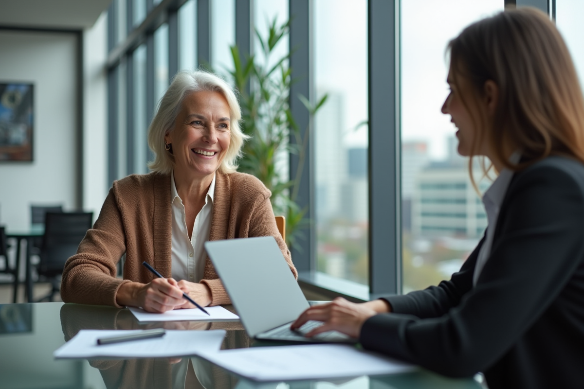 Femme souriante rencontrant un conseiller dans un espace de coworking moderne
