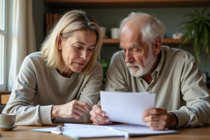 Femme d'&acirc;ge moyen et homme &acirc;g&eacute; r&eacute;fl&eacute;chissant &agrave; des papiers