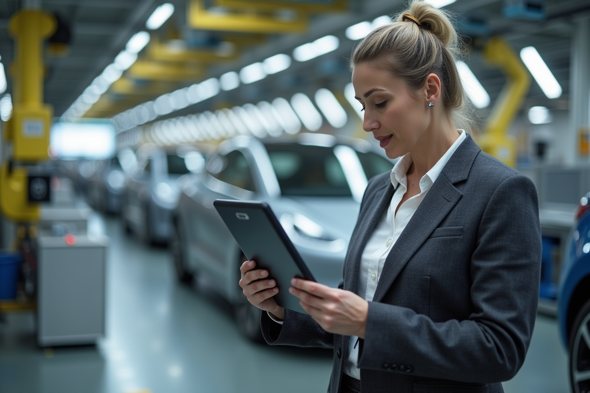 Femme exécutive dans une usine de véhicules électriques