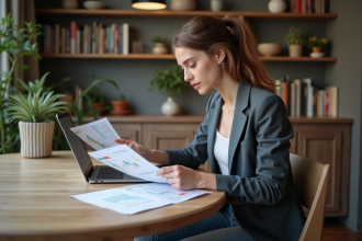 Jeune femme comparant graphiques financiers à Paris