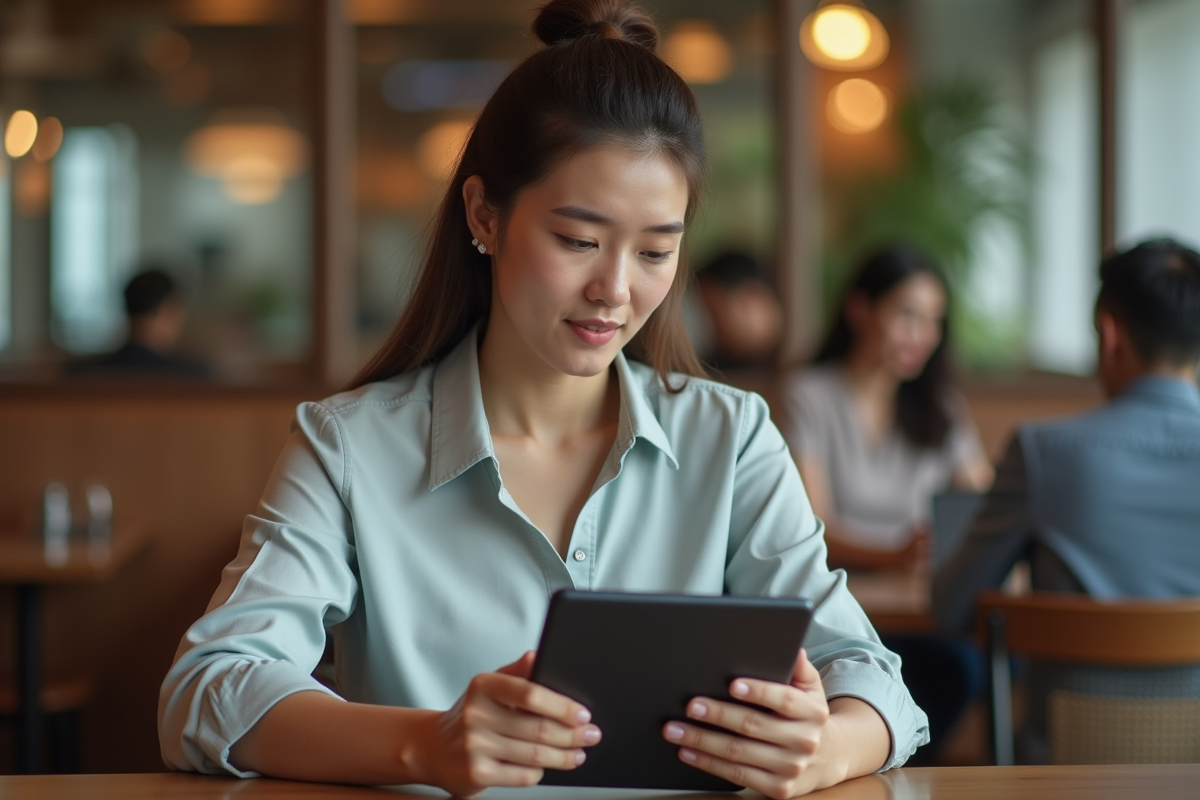 Jeune femme utilisant une tablette pour vérifier des données financières au café