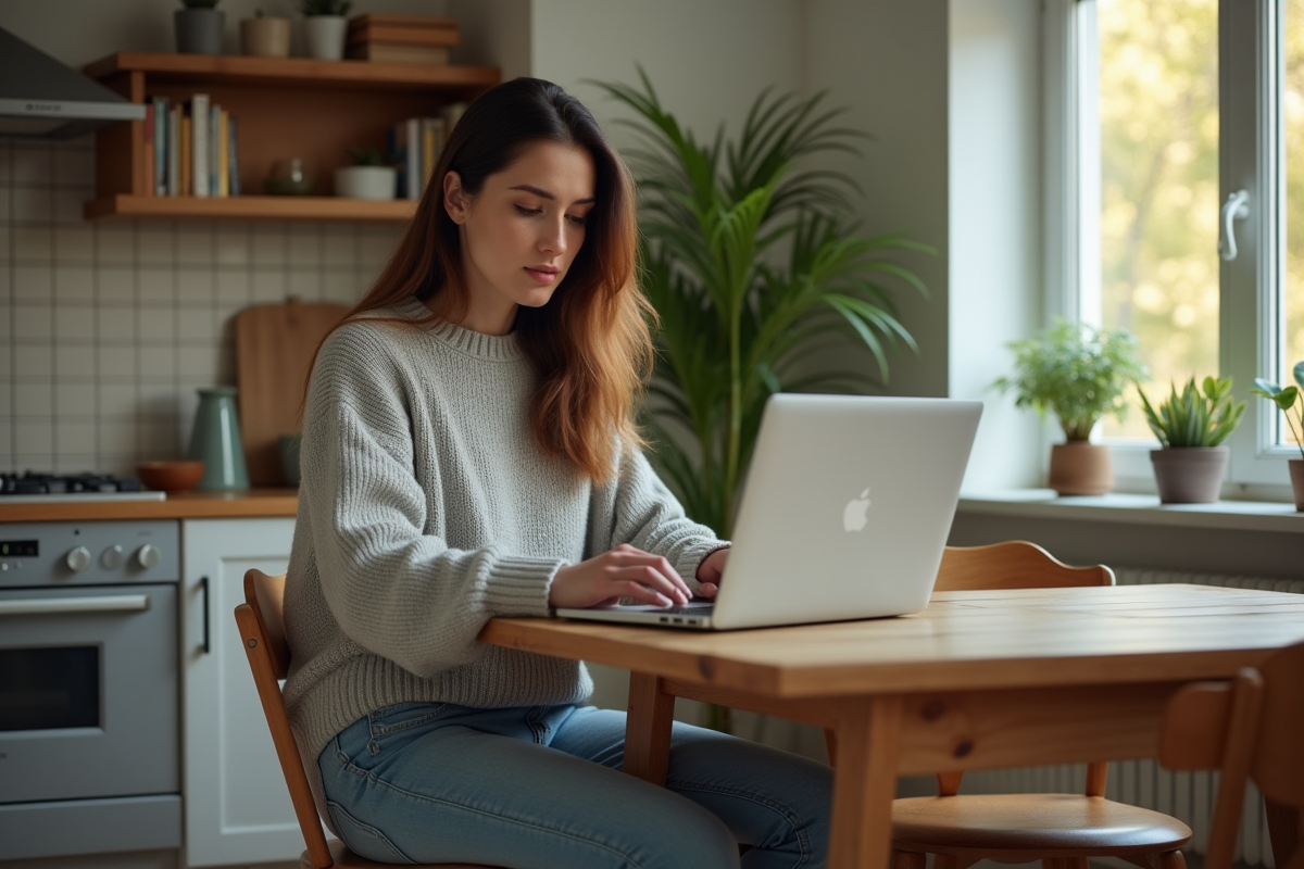Jeune femme à la maison mettant à jour son portefeuille numérique