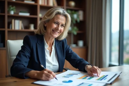 Femme confiante en bureau moderne avec graphiques financiers