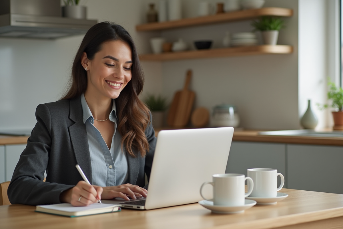 Femme souriante à la maison suivant ses investissements