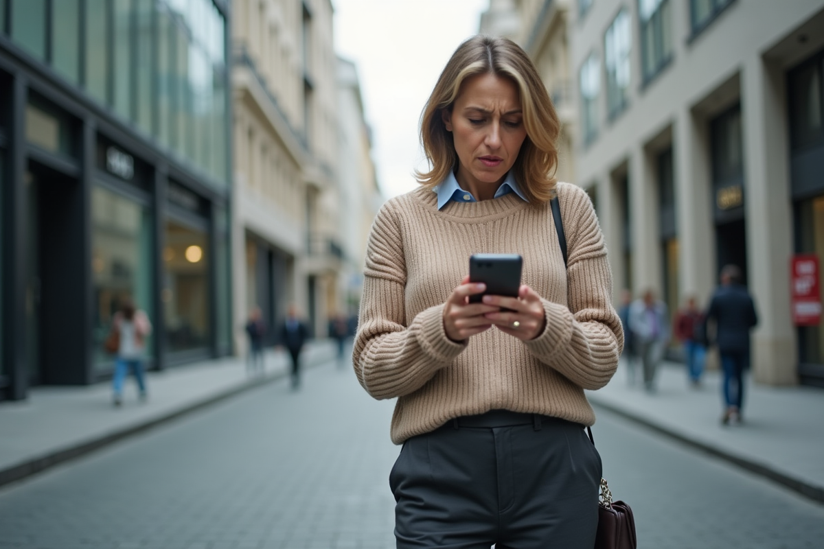 Femme française dehors lisant une notification sur son smartphone