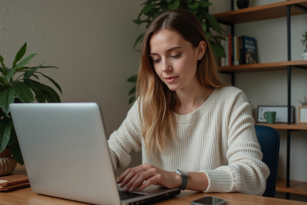 Jeune femme vérifiant son compte en ligne à domicile