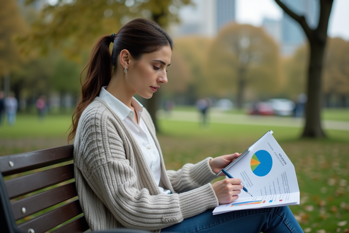 Jeune femme en plein air utilisant une tablette et un graphique