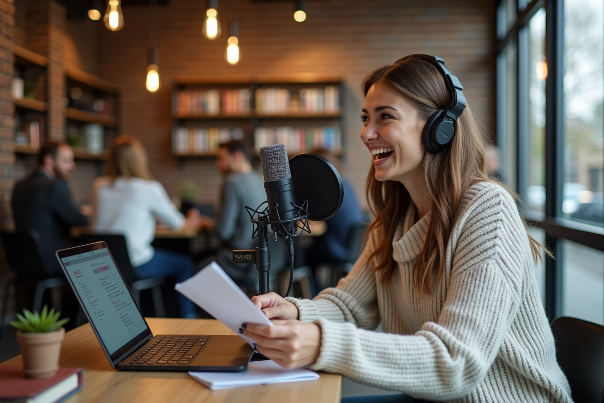 Femme parlant dans un micro de podcast dans un café