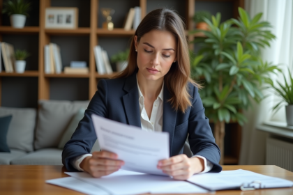 Femme professionnelle examine documents immobiliers à domicile