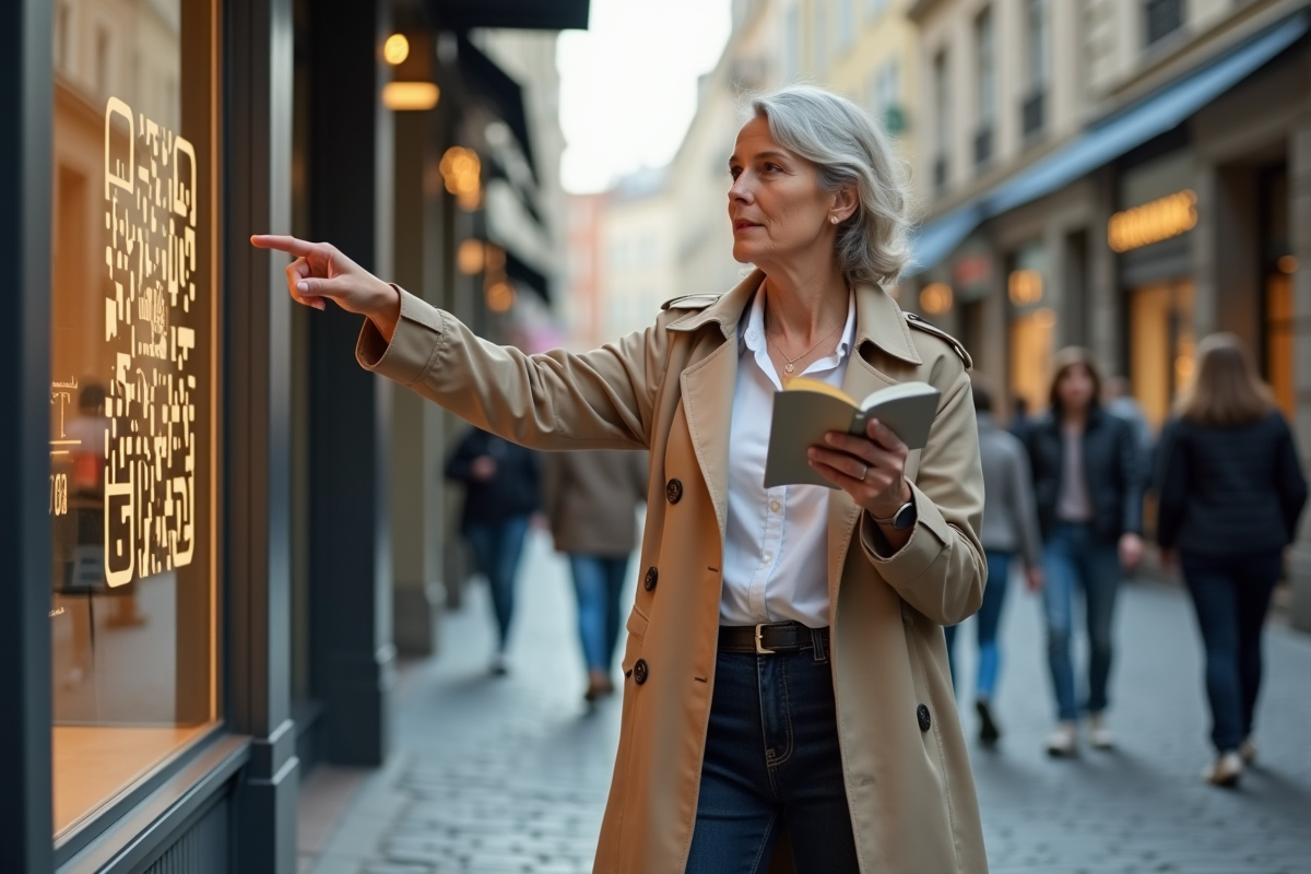 Femme pointant un QR code Bitcoin dans la rue