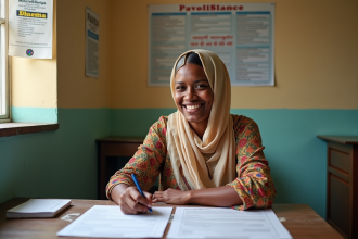 Femme souriante remplissant un formulaire de pret dans un bureau
