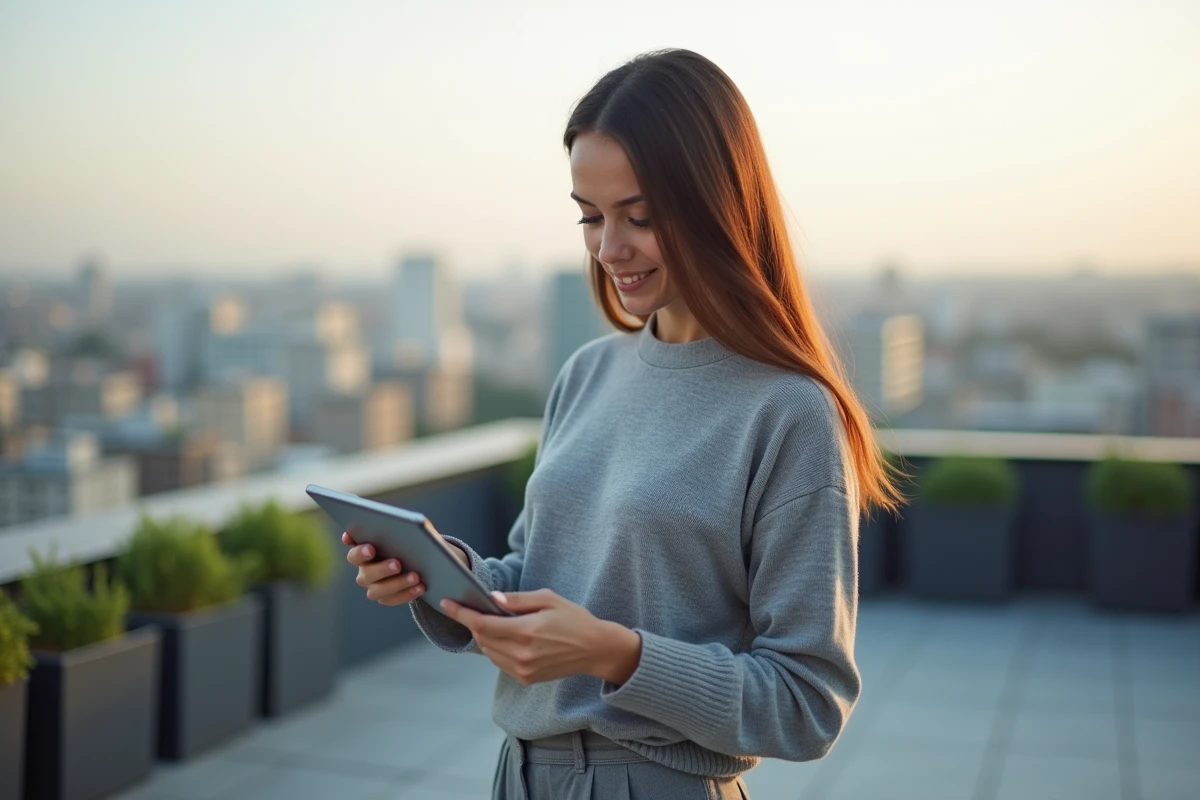 Jeune femme souriante tenant une tablette avec graphique S&P 500