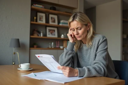 Femme d'&acirc;ge moyen examine ses relev&eacute;s bancaires et Livret A