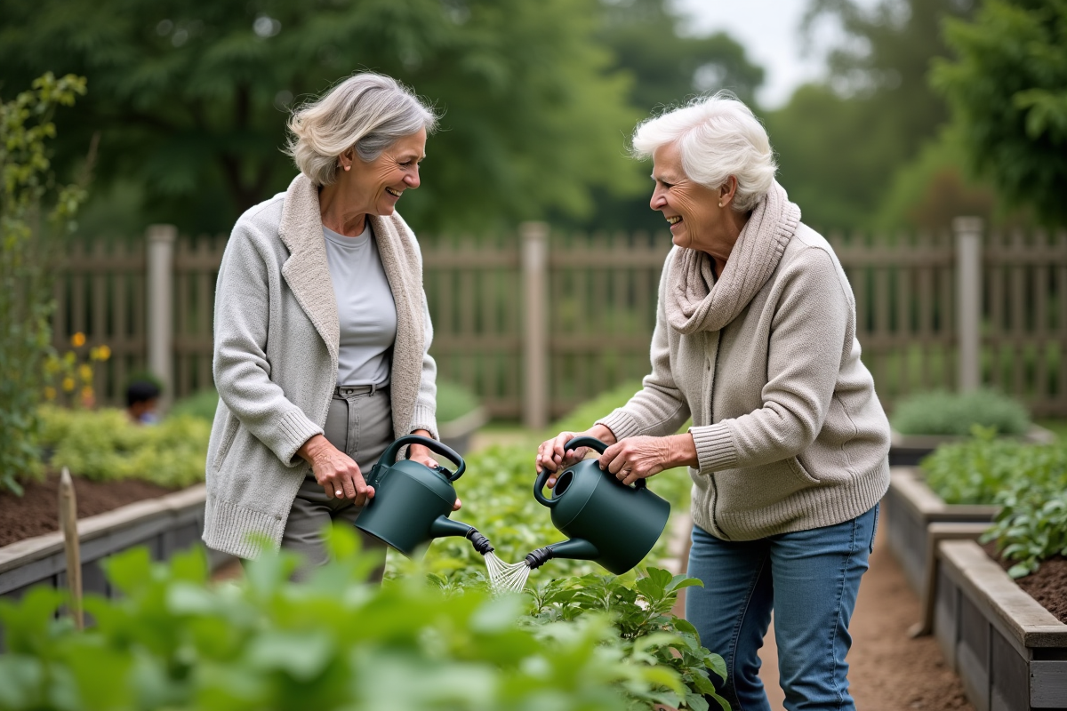 Femme senior en plein jardinage discutant avec un collègue dans un jardin