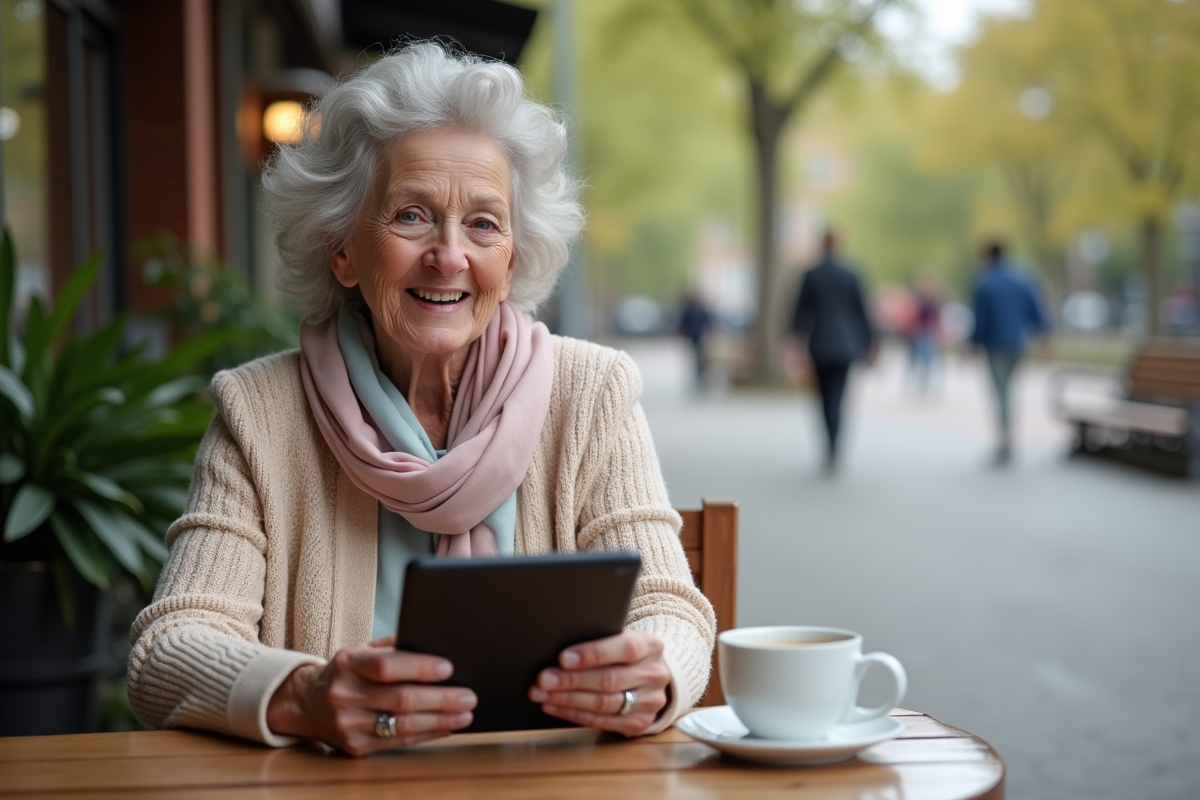 Femme senior souriante avec tablette dans un café urbain