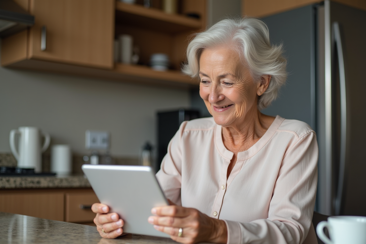 Femme senior souriante avec tablette dans la cuisine