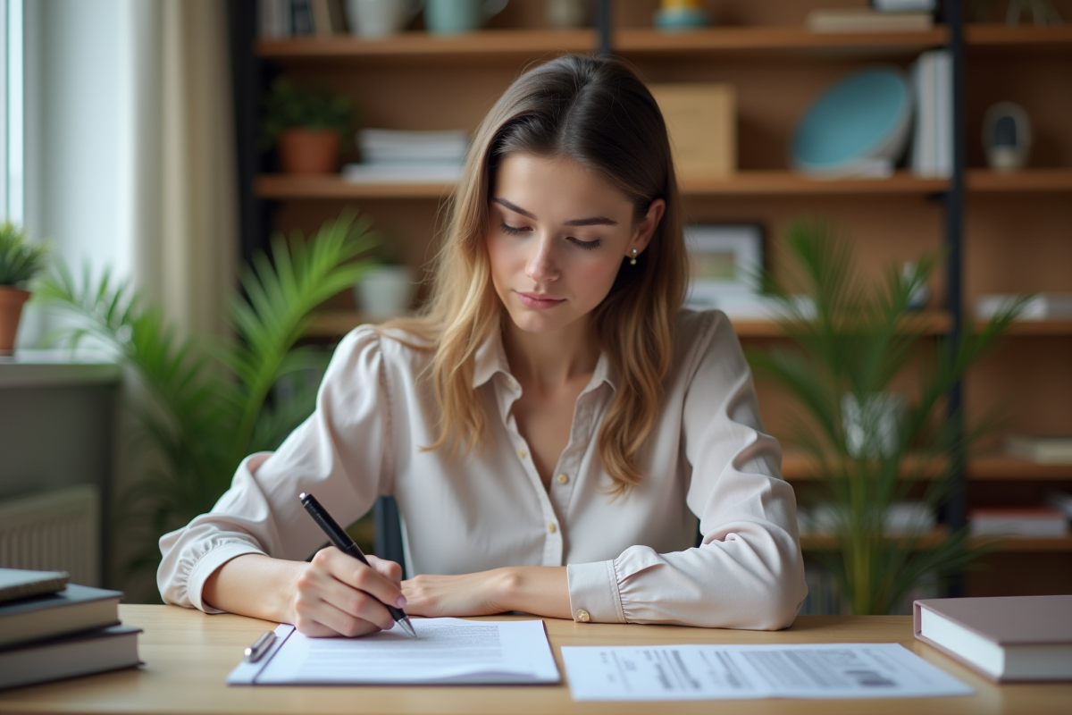 Jeune femme signant un contrat de prêt à domicile