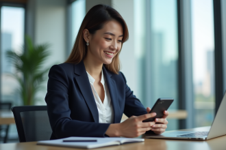 Jeune femme professionnelle examine un smartphone en bureau