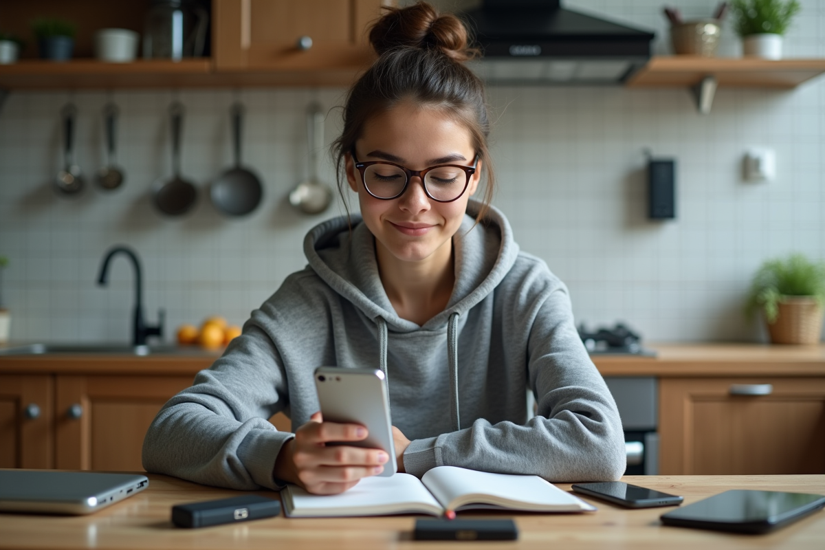 Jeune femme avec smartphone et notes dans une cuisine