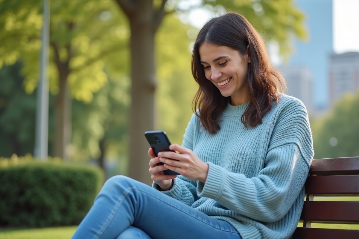 Femme souriante regardant son smartphone Solana en extérieur