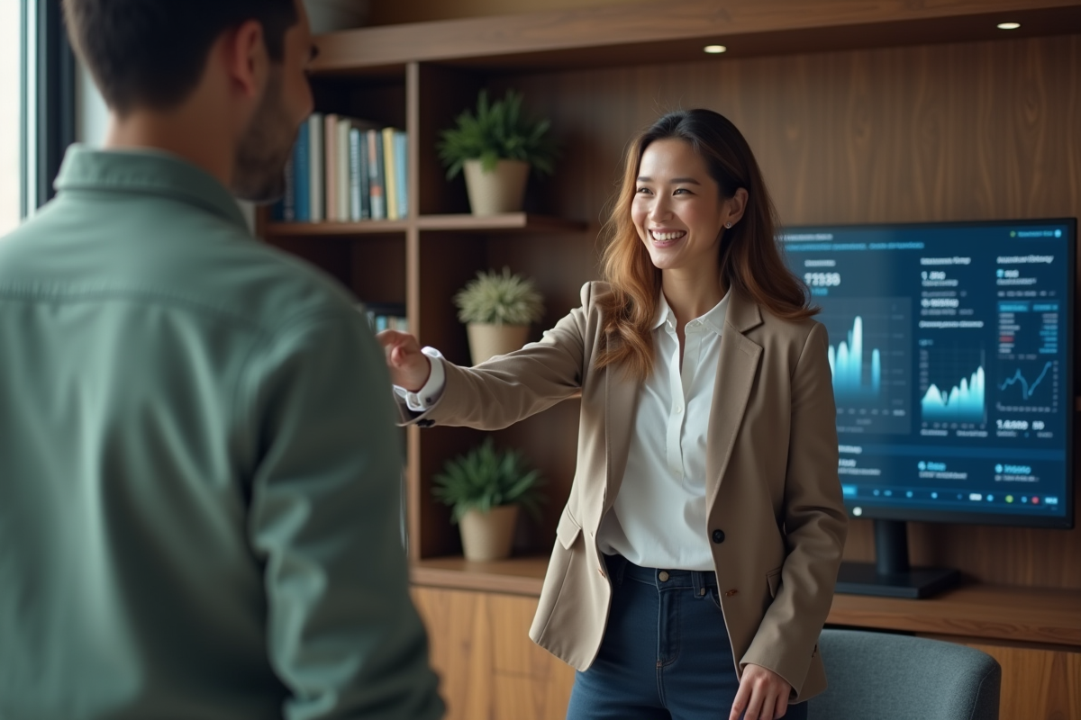 Jeune femme souriante pointant un tableau financier numérique