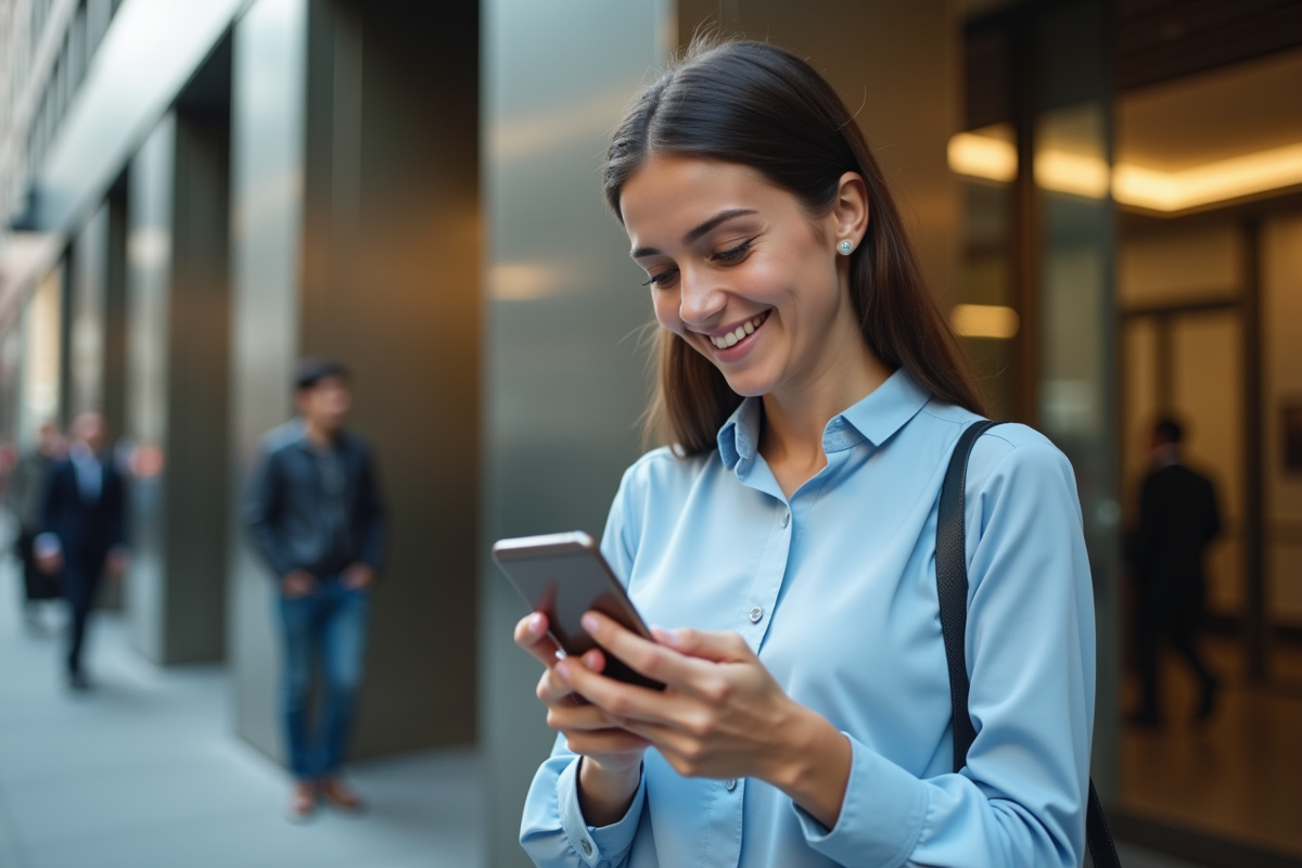 Jeune femme souriante près d une banque en ville