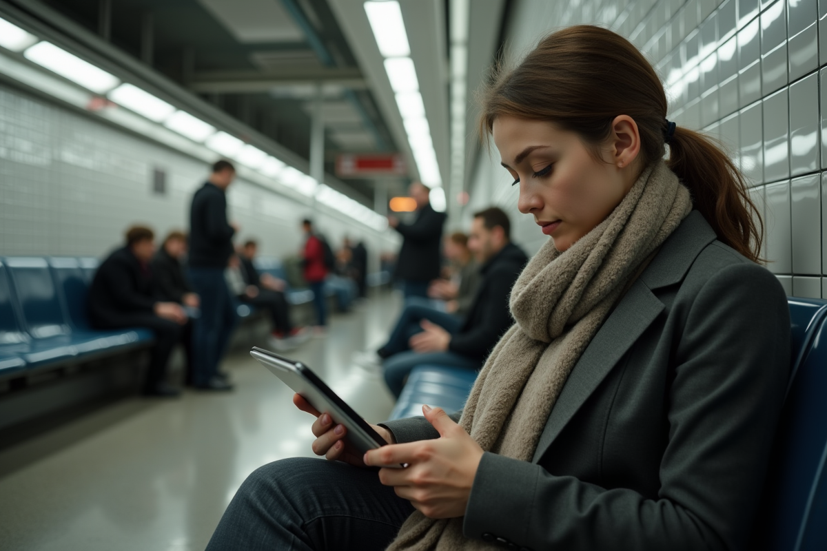 Jeune femme utilisant une tablette dans une station de métro
