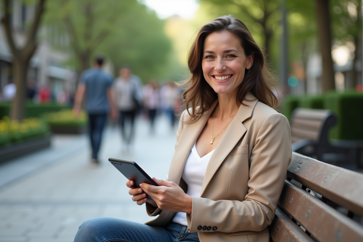 Femme souriante avec une tablette dans un parc urbain