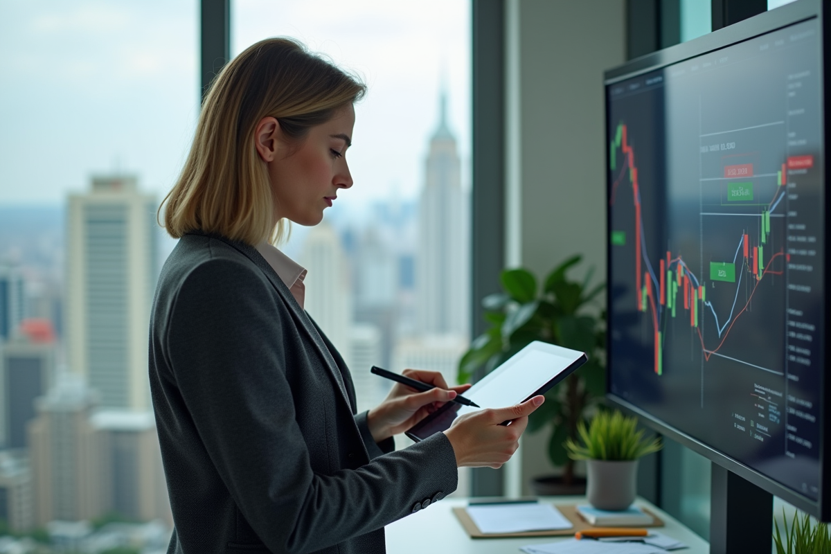 Femme en blazer stratégique trace des tendances sur une tablette