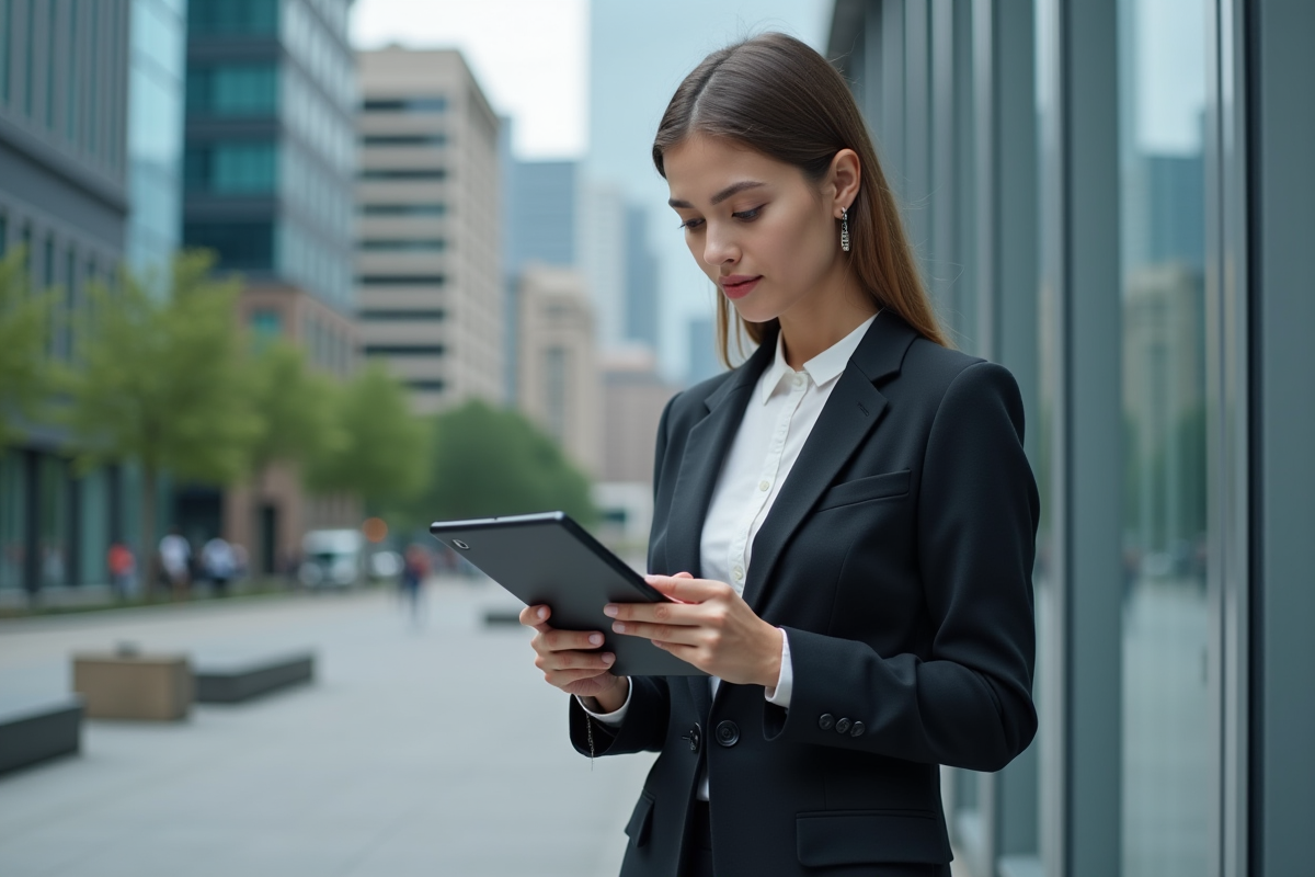 Jeune femme en blazer regardant des infos boursieres sur sa tablette