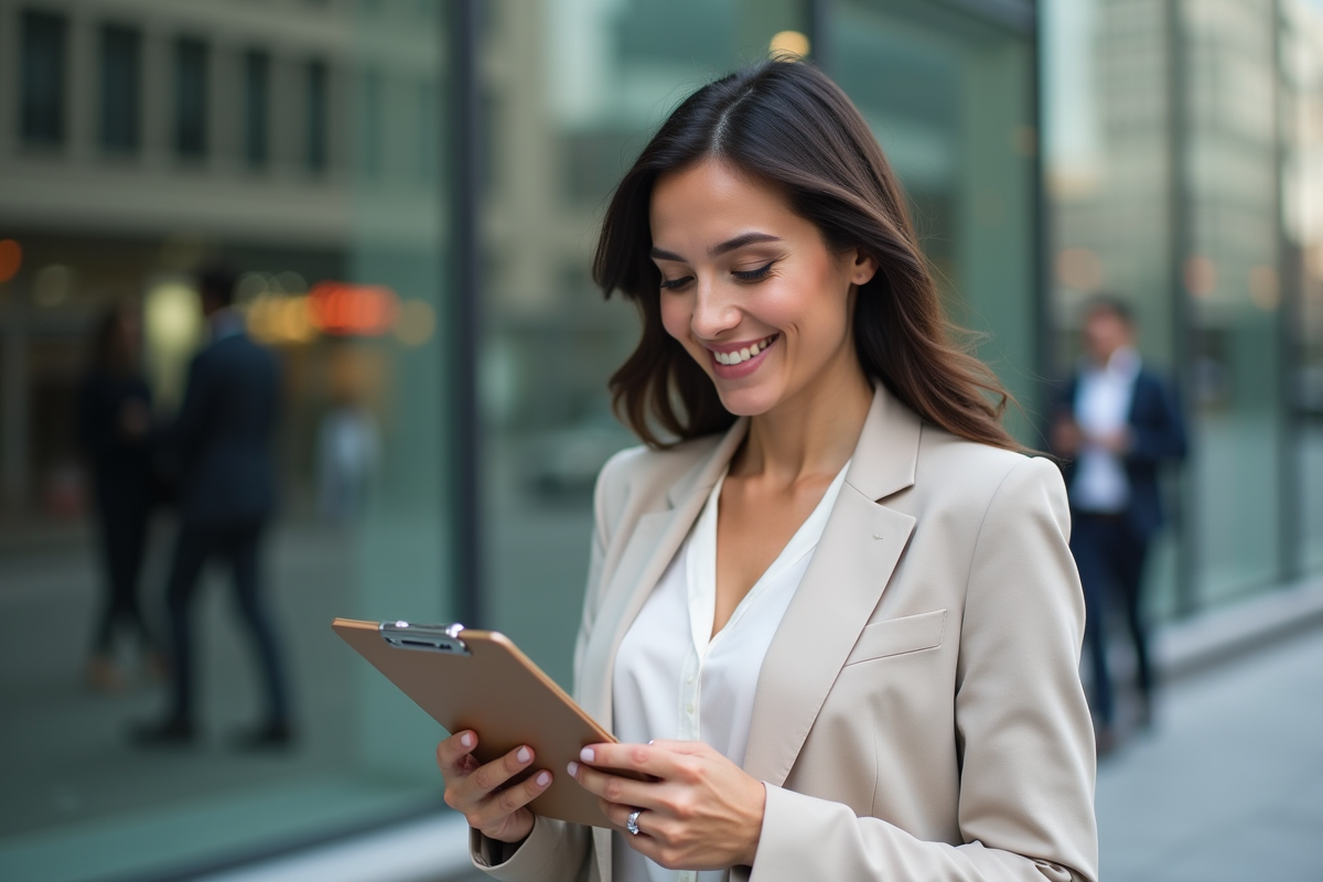 Jeune femme vérifiant des graphiques de prix en extérieur