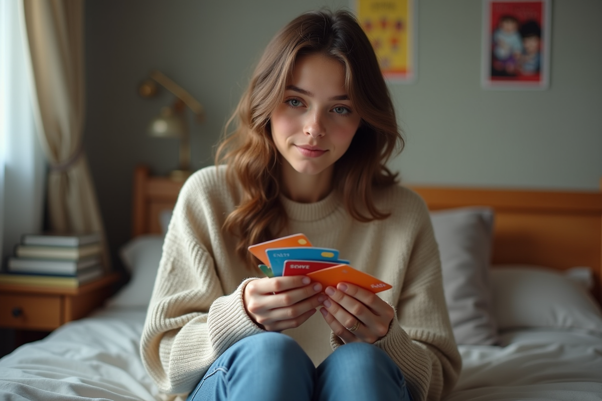 Fille dans sa chambre examine des cartes bancaires