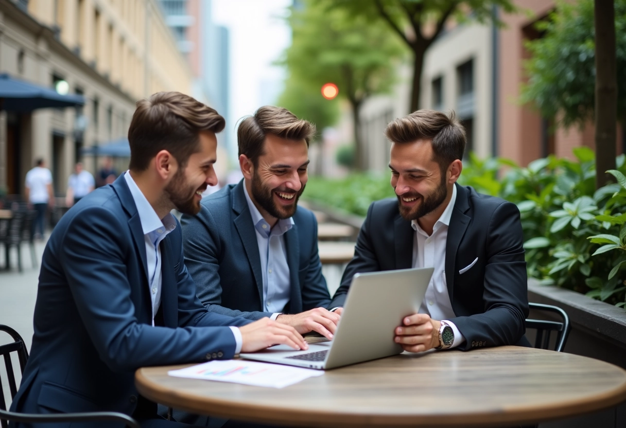 Groupe de trois personnes discutant autour de graphiques financiers