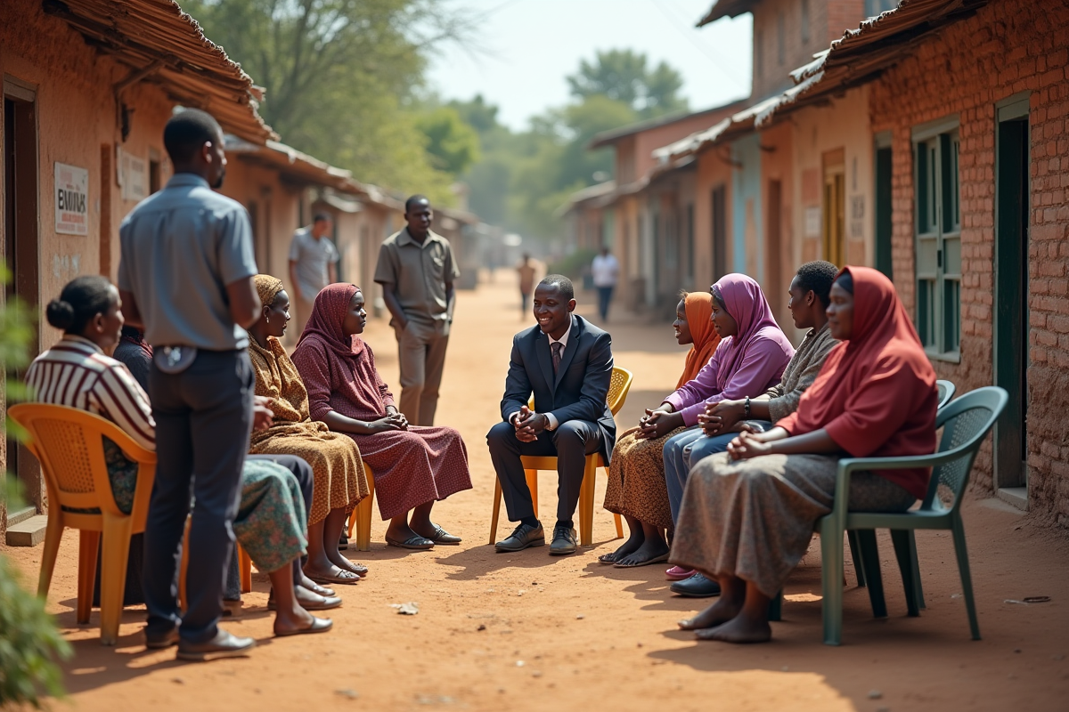 Groupe de personnes discutant avec un conseiller microfinance en plein air